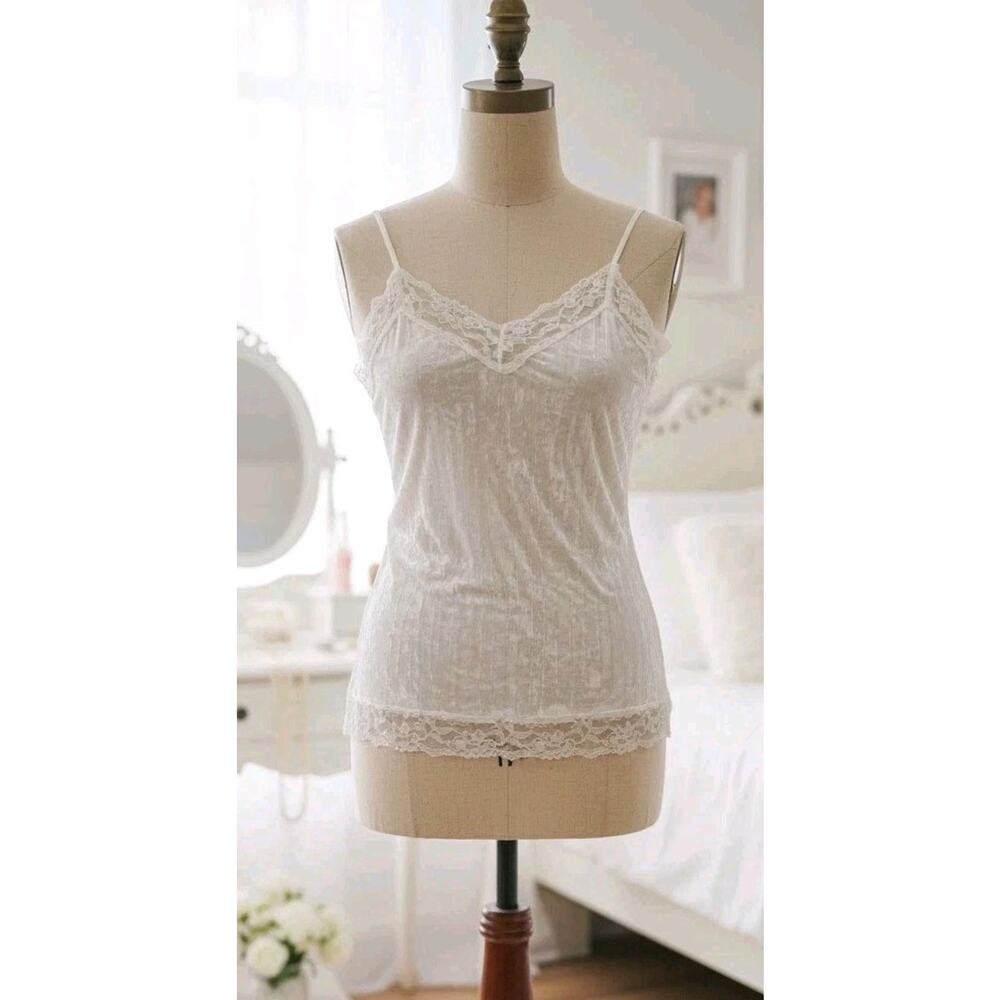 Vtg No Boundaries White Coquette Fairy Velvet Preppy Cami Top Juniors Size Large
